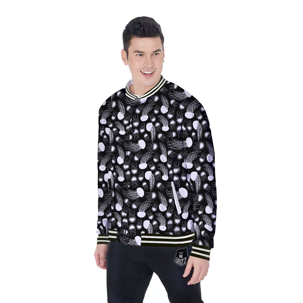 Jellyfish White And Black Print Pattern Baseball Jacket-grizzshop