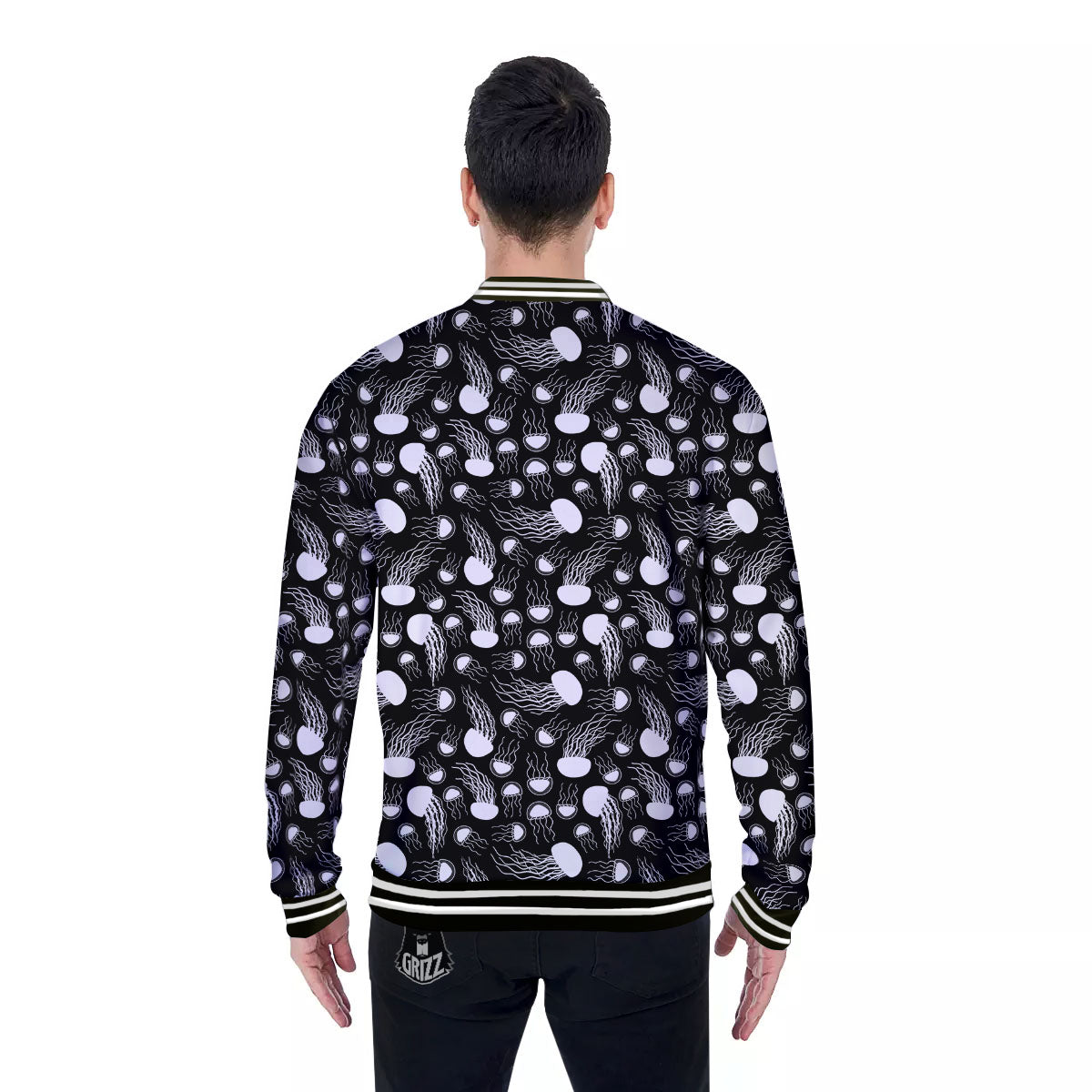 Jellyfish White And Black Print Pattern Baseball Jacket-grizzshop