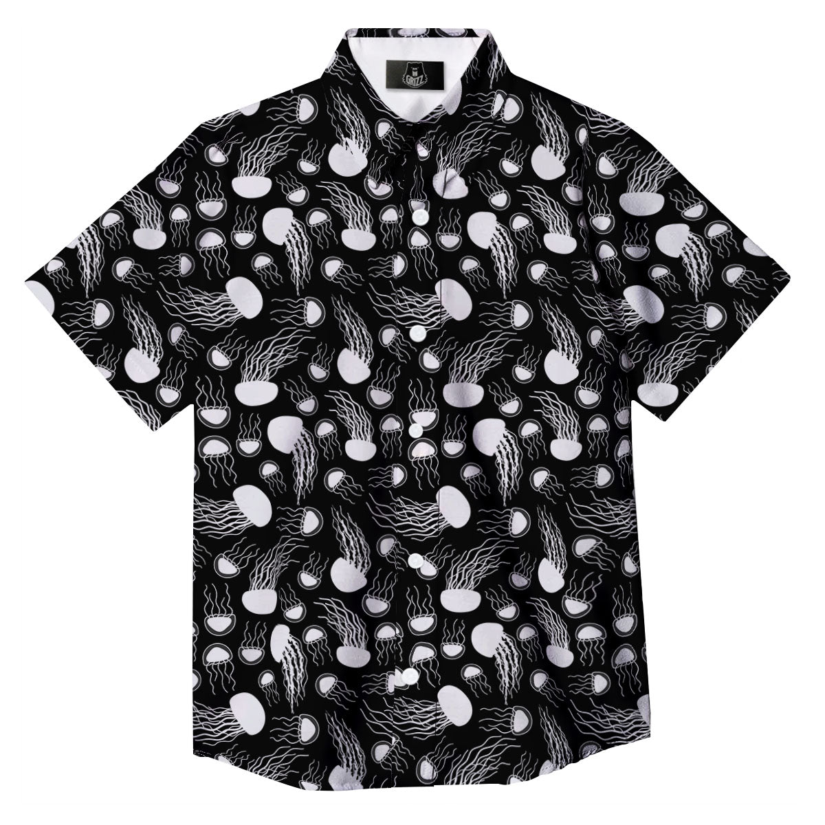 Jellyfish White And Black Print Pattern Button Up Shirt-grizzshop