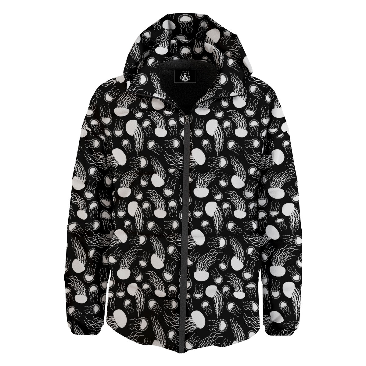 Jellyfish White And Black Print Pattern Down Jacket-grizzshop