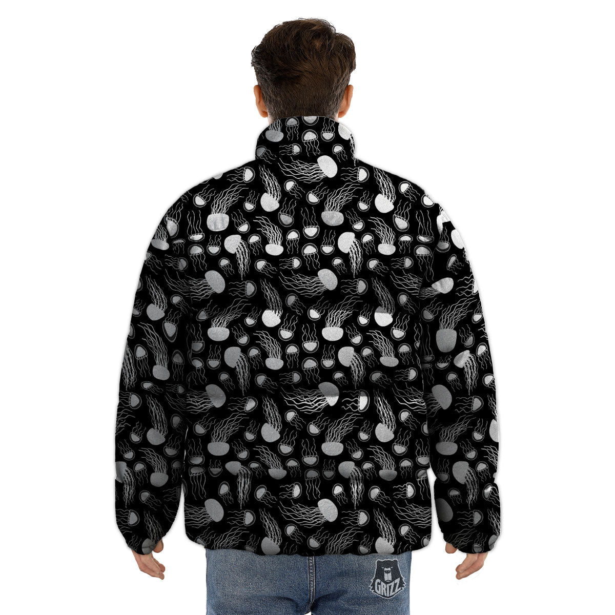 Jellyfish White And Black Print Pattern Puffer Jacket-grizzshop