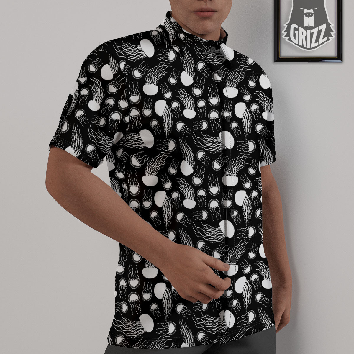 Jellyfish White And Black Print Pattern Untucked Shirts-grizzshop