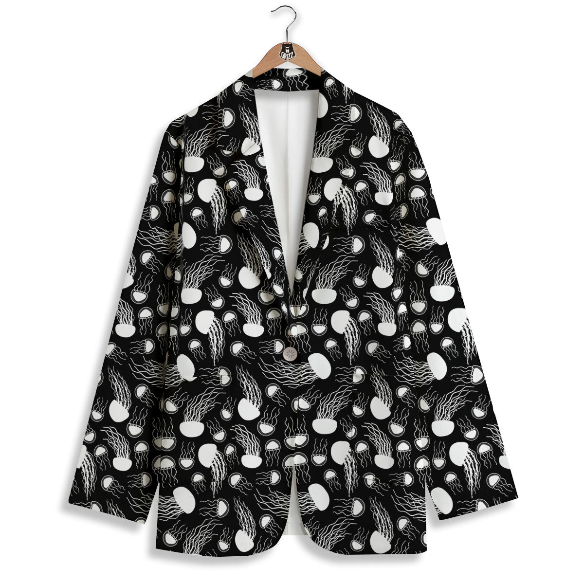 Jellyfish White And Black Print Pattern Women's Blazer-grizzshop