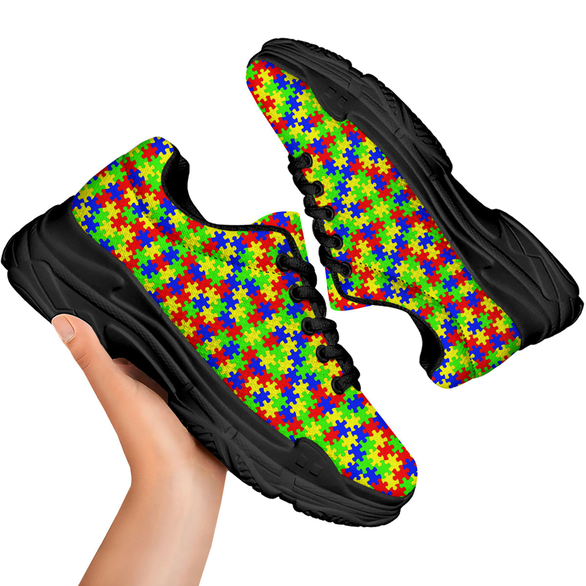 Jigsaw Autism Awareness Print Pattern Black Chunky Shoes-grizzshop