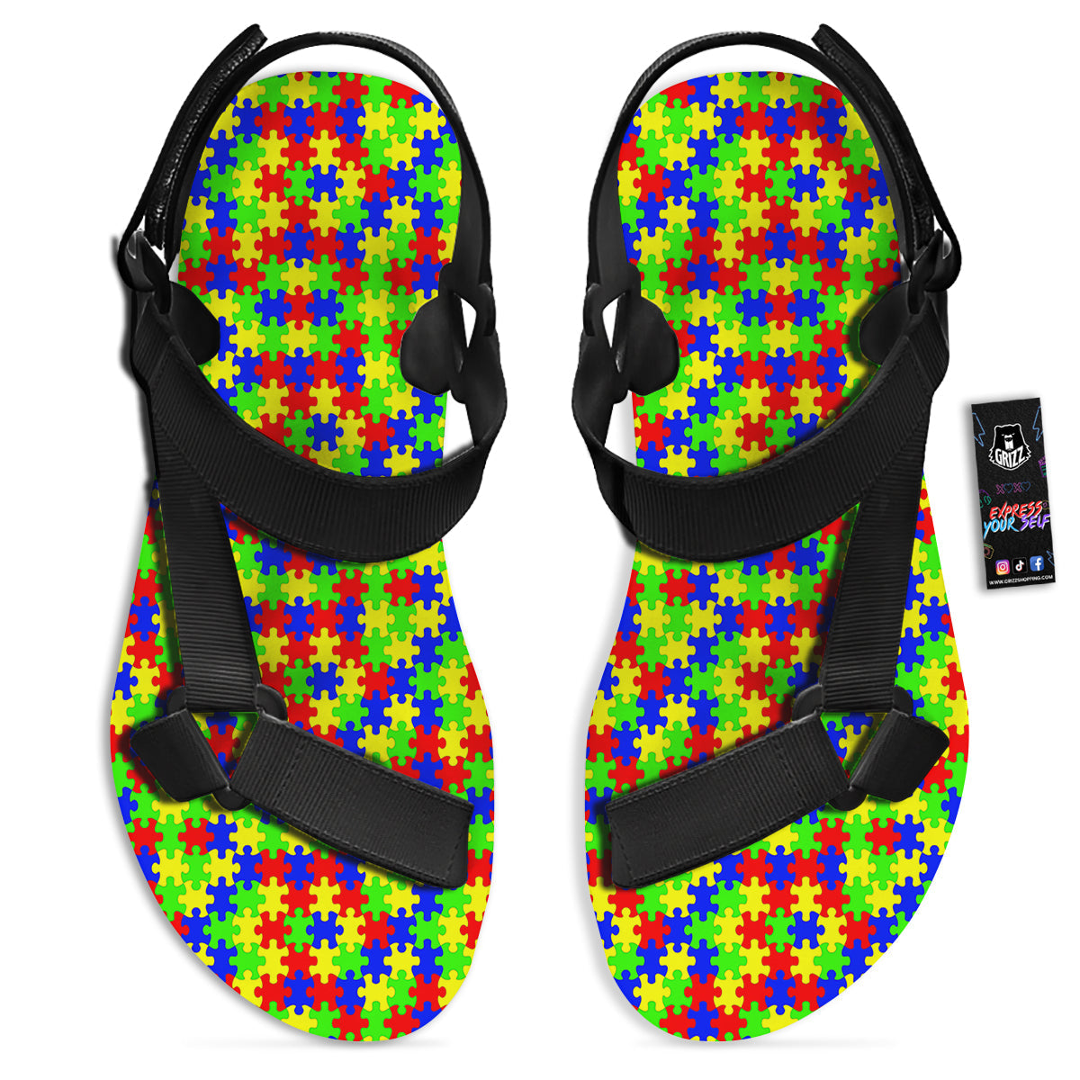 Jigsaw Autism Awareness Print Pattern Black Open Toe Sandals-grizzshop