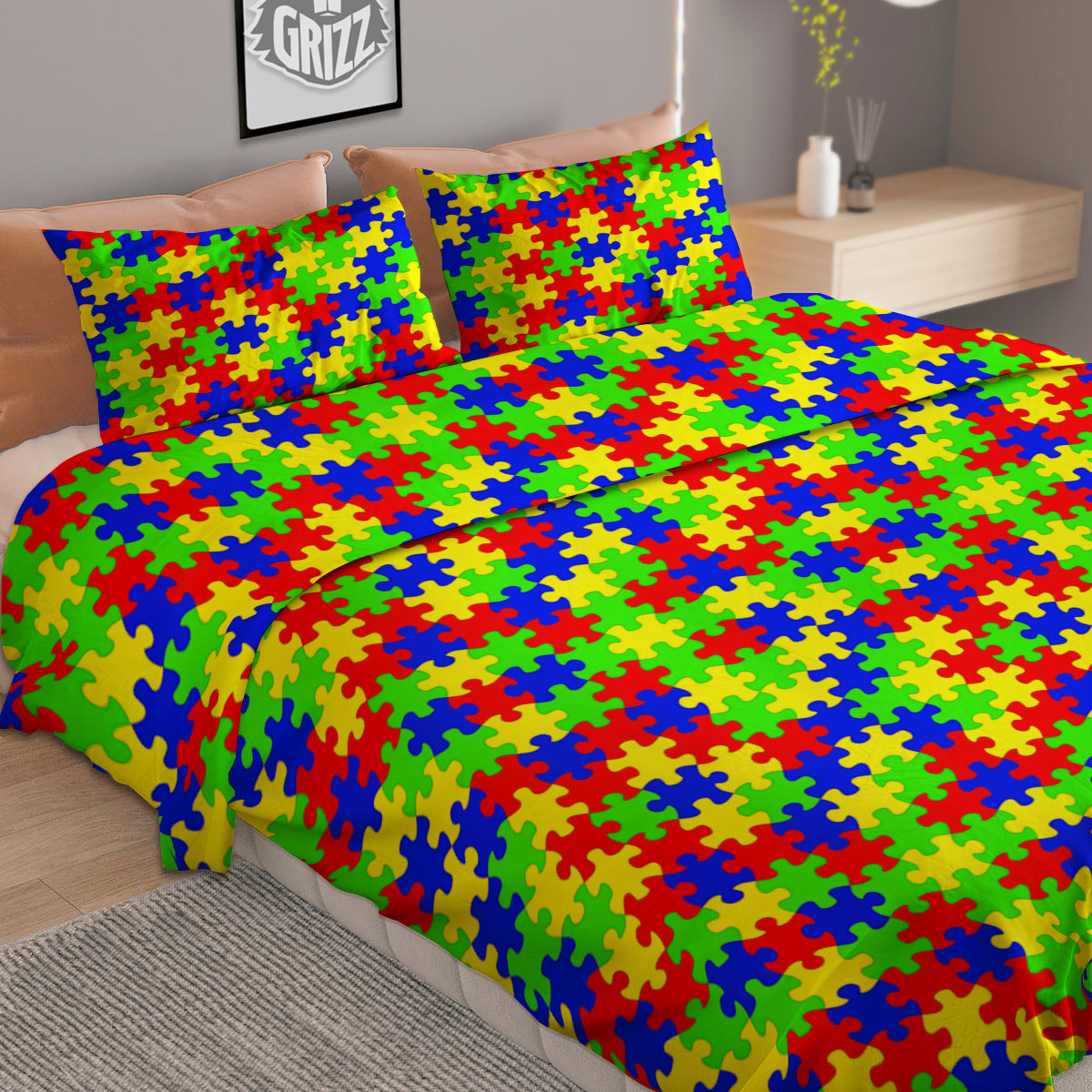 Jigsaw Autism Awareness Print Pattern Duvet Cover Bedding Set