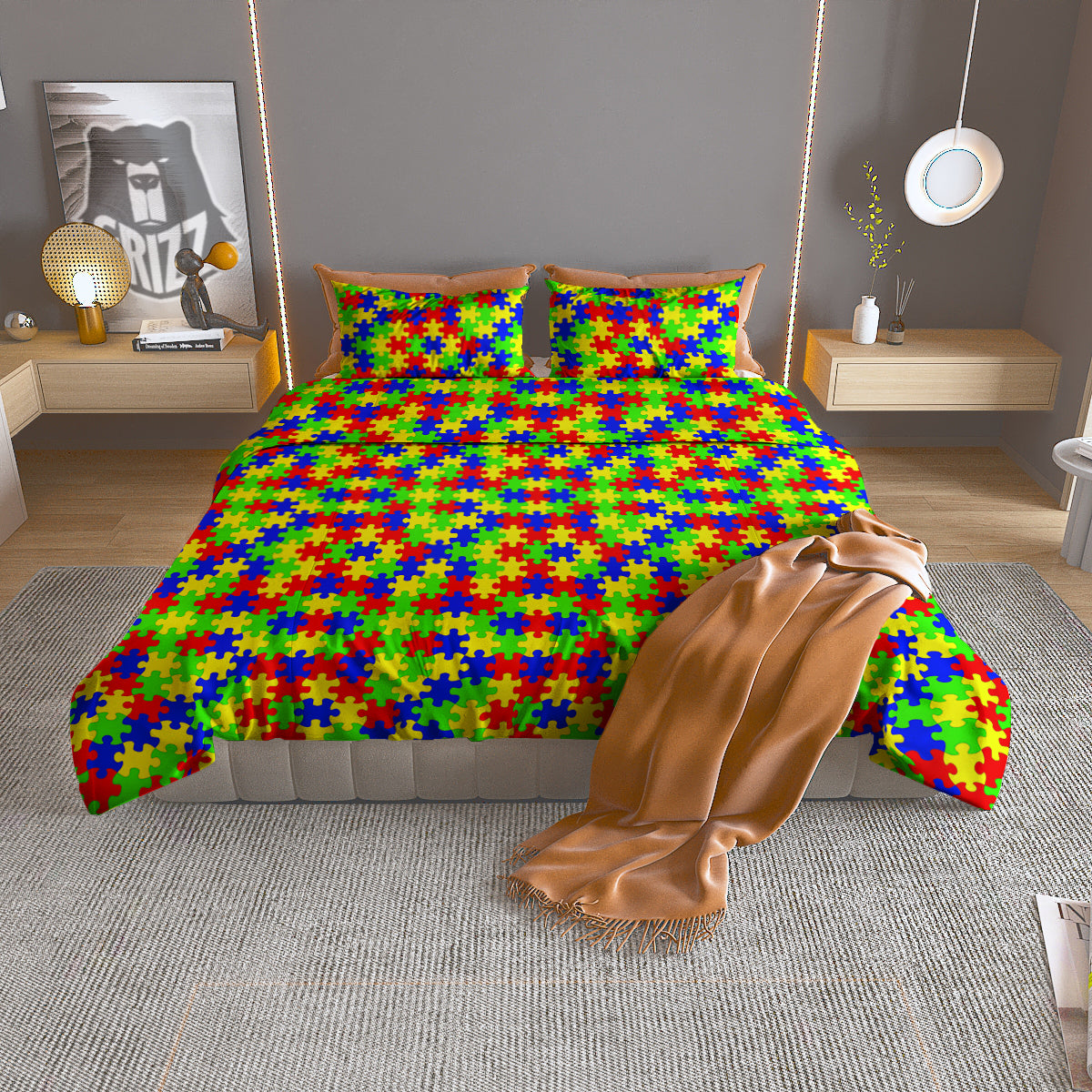 Jigsaw Autism Awareness Print Pattern Duvet Cover Bedding Set