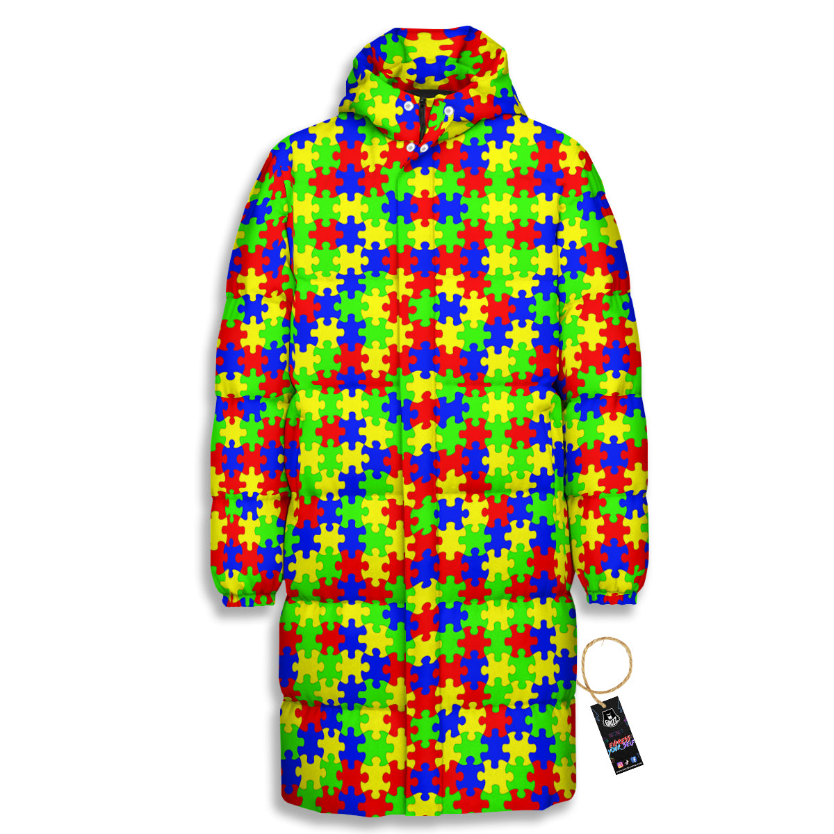 Jigsaw Autism Awareness Print Pattern Long Down Jacket-grizzshop