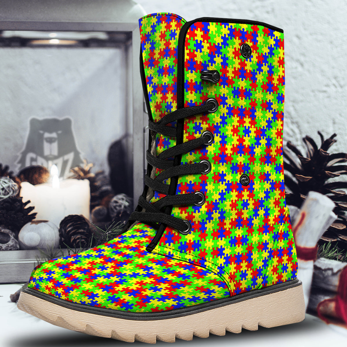 Jigsaw Autism Awareness Print Pattern Snow Boots-grizzshop