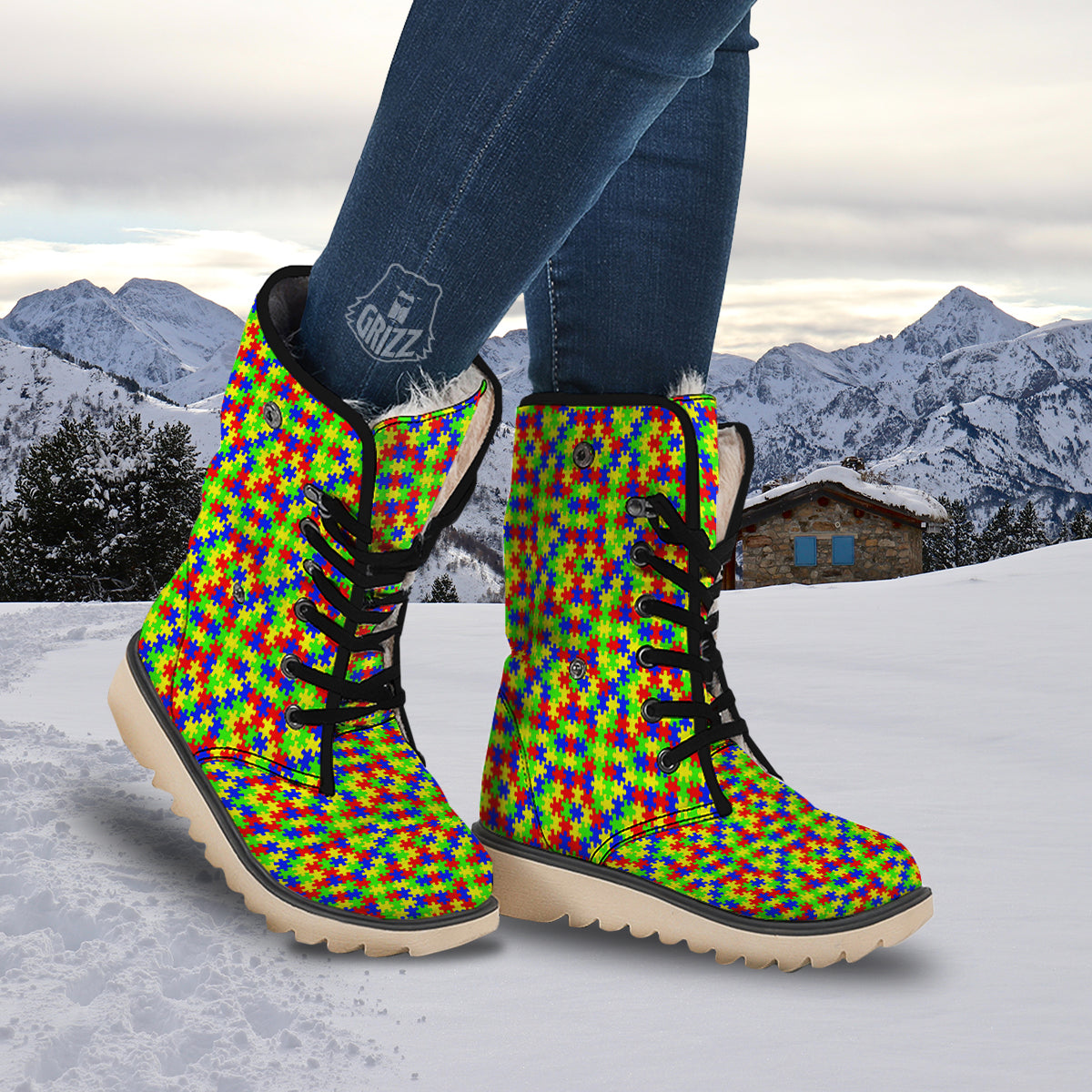 Jigsaw Autism Awareness Print Pattern Snow Boots-grizzshop