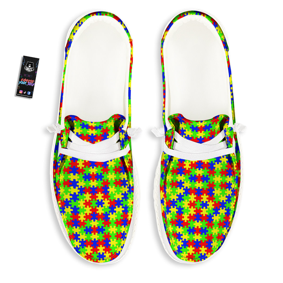 Jigsaw Autism Awareness Print Pattern White Loafers-grizzshop