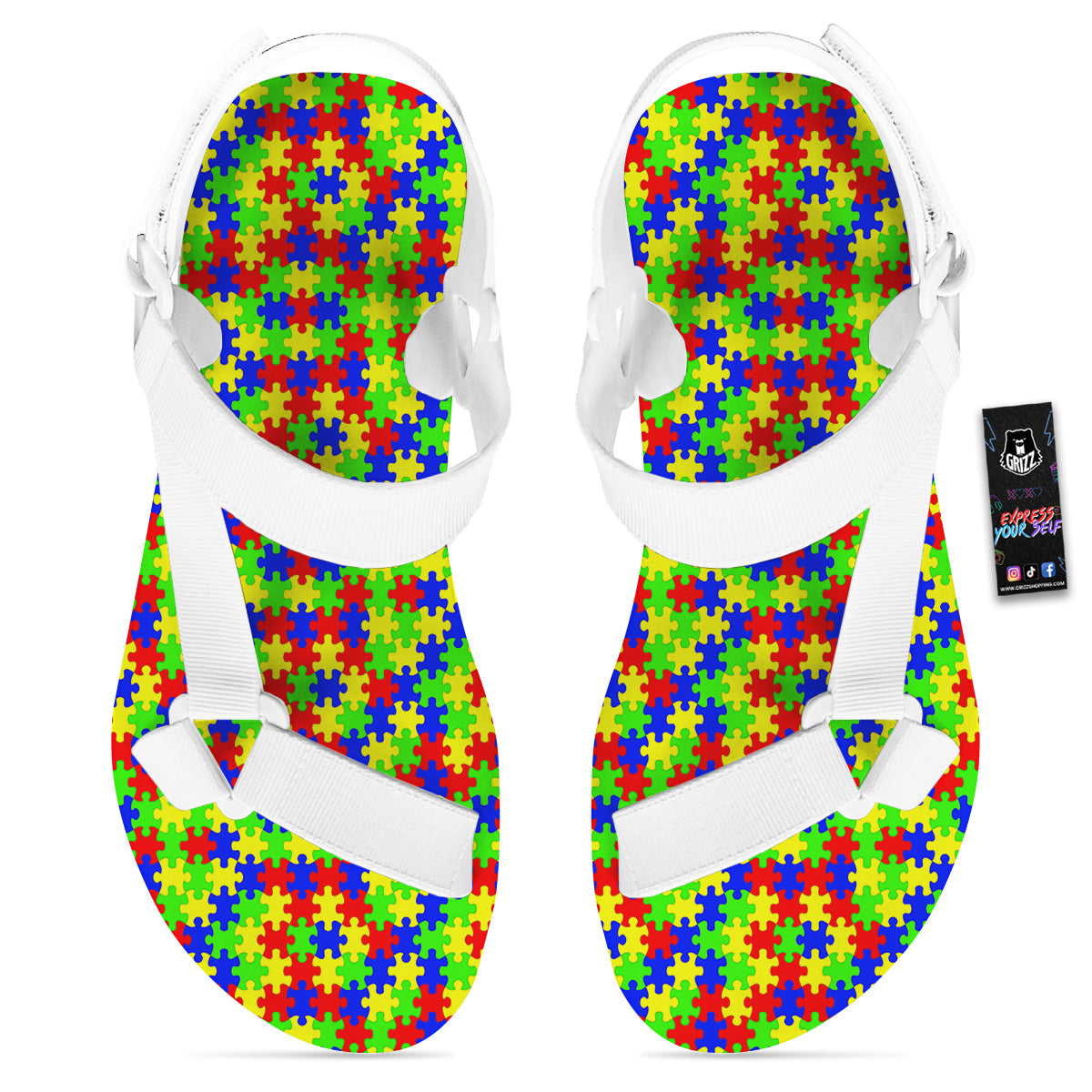 Jigsaw Autism Awareness Print Pattern White Open Toe Sandals-grizzshop