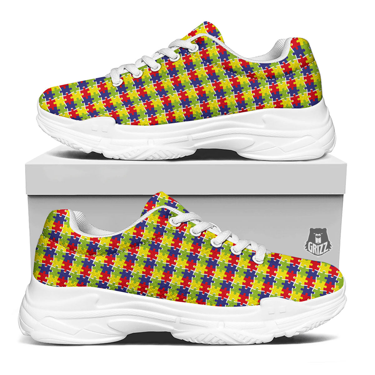 Jigsaw Autism Awareness Print White Chunky Shoes-grizzshop
