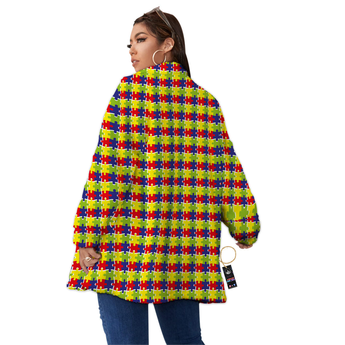 Jigsaw Autism Awareness Print Women's Sherpa Jacket-grizzshop