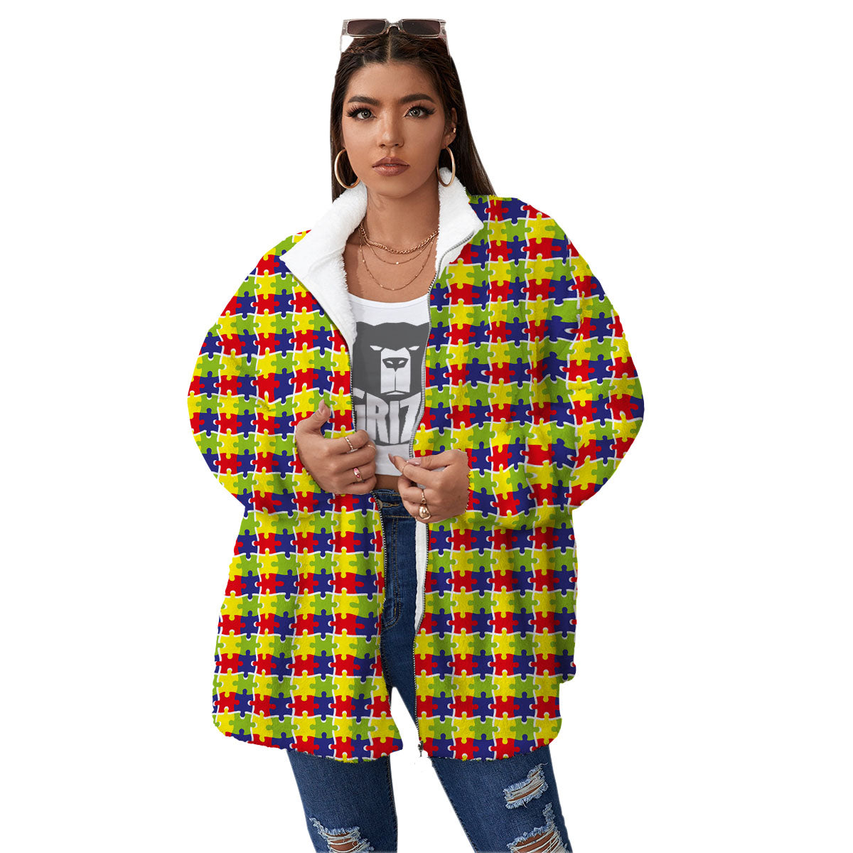 Jigsaw Autism Awareness Print Women's Sherpa Jacket-grizzshop
