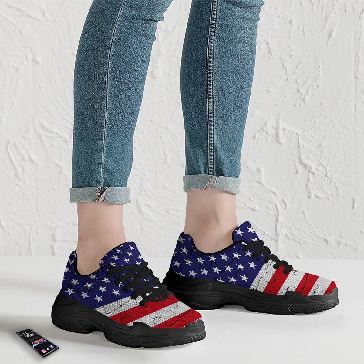 Jigsaw Puzzle American Flag Print Black Chunky Shoes-grizzshop