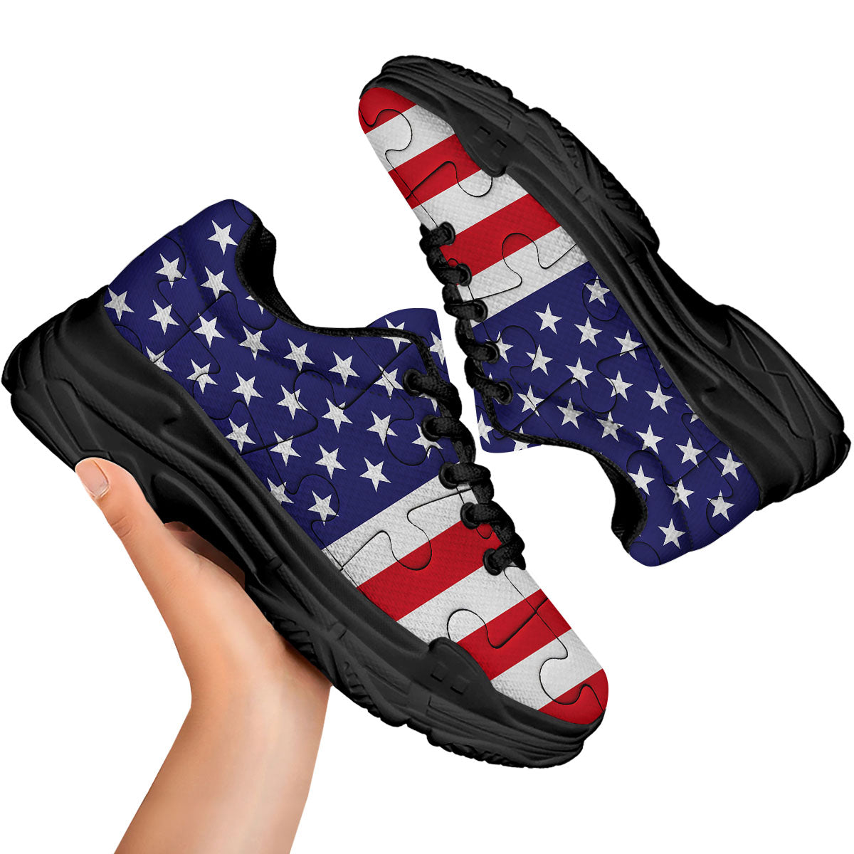 Jigsaw Puzzle American Flag Print Black Chunky Shoes-grizzshop