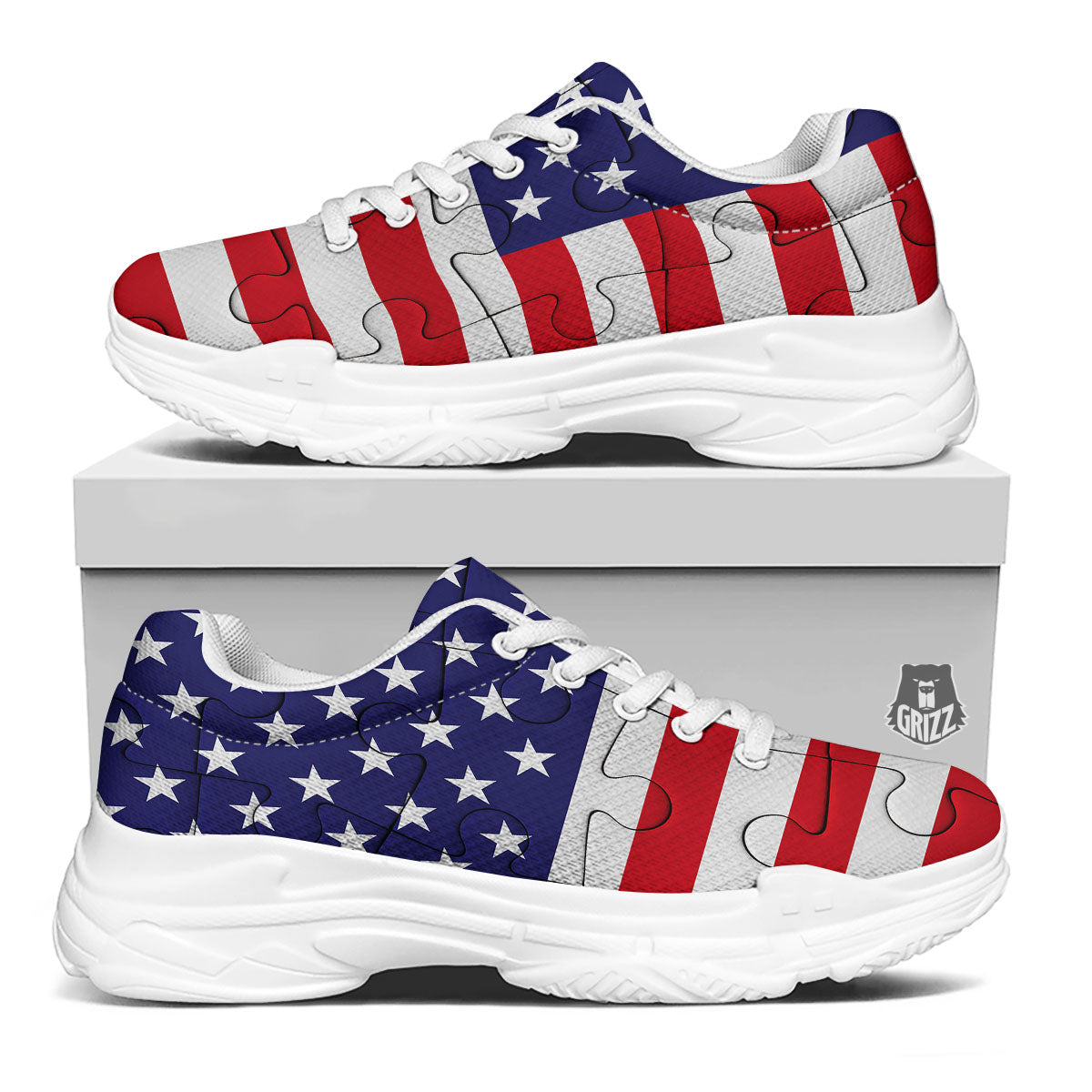 Jigsaw Puzzle American Flag Print White Chunky Shoes-grizzshop