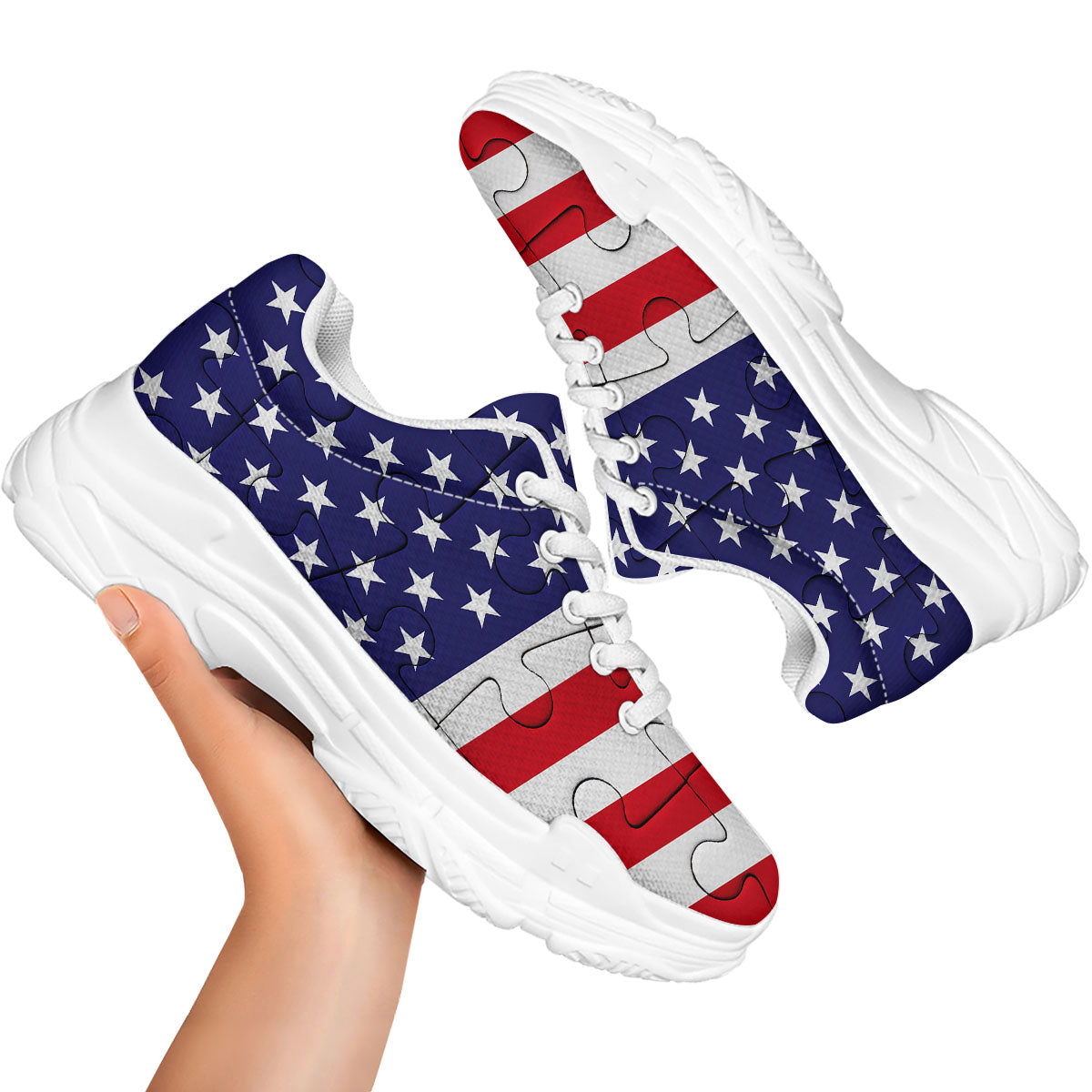 Jigsaw Puzzle American Flag Print White Chunky Shoes-grizzshop