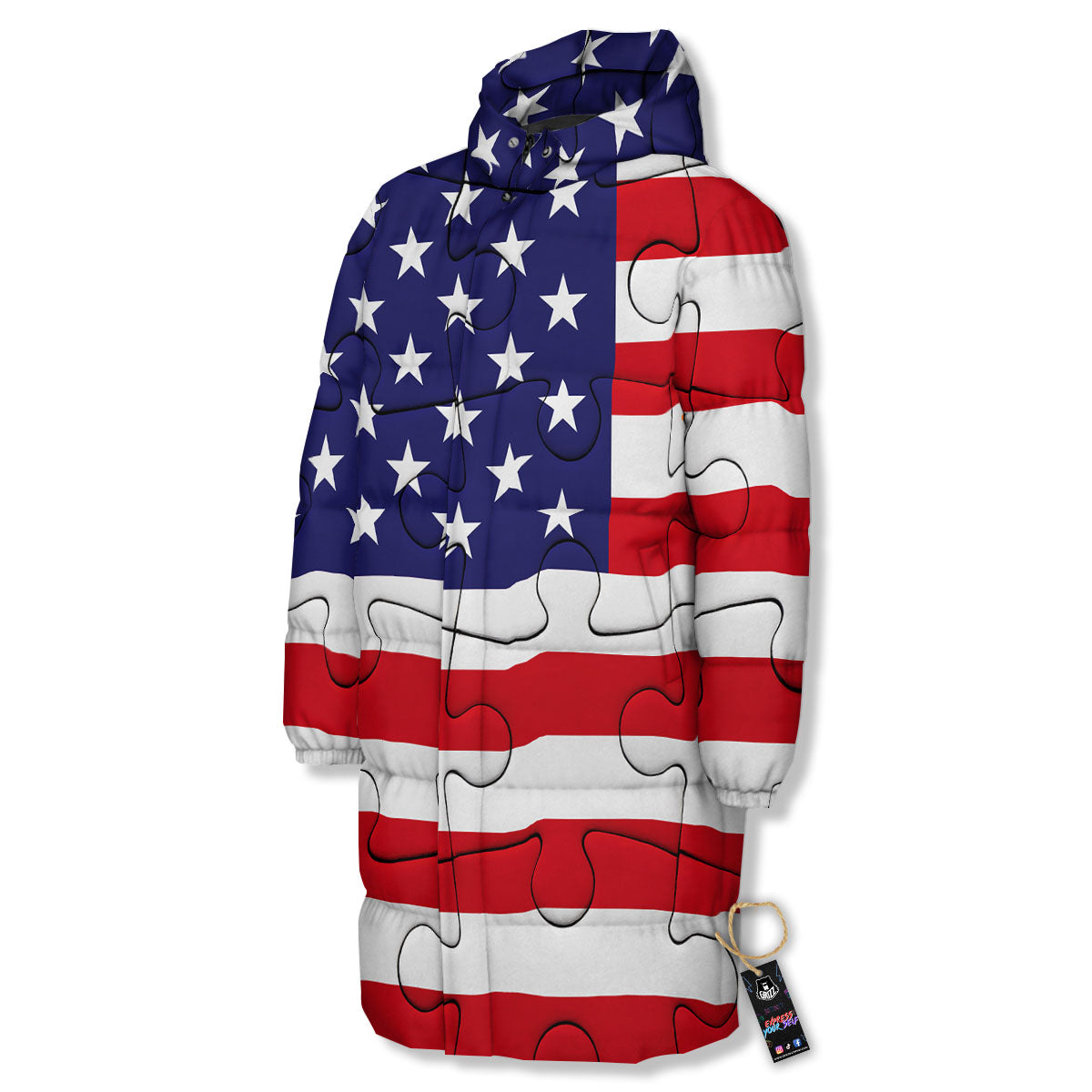 Jigsaw Puzzle American Flag Print Long Down Jacket
