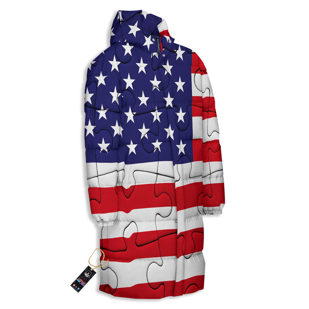 Jigsaw Puzzle American Flag Print Long Down Jacket