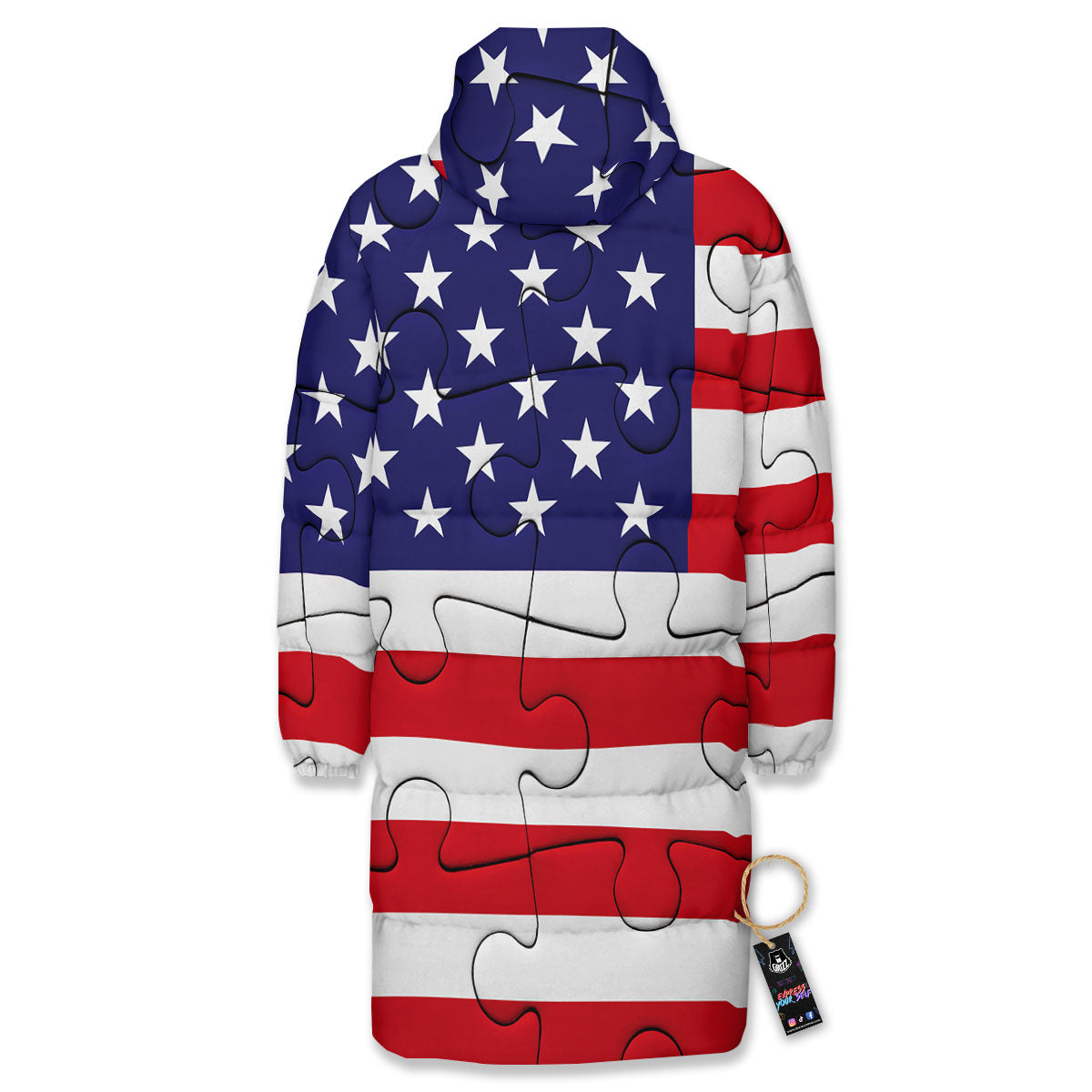 Jigsaw Puzzle American Flag Print Long Down Jacket
