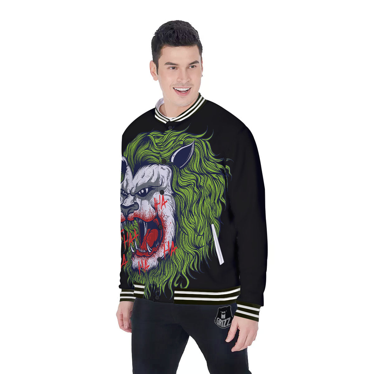 Joker Lion Print Baseball Jacket-grizzshop