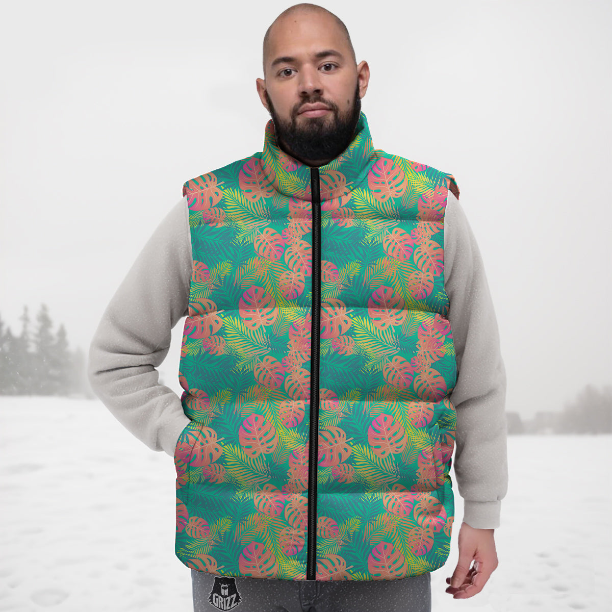 Jungle Hawaiian Colorful Tropical Print Down Vest-grizzshop