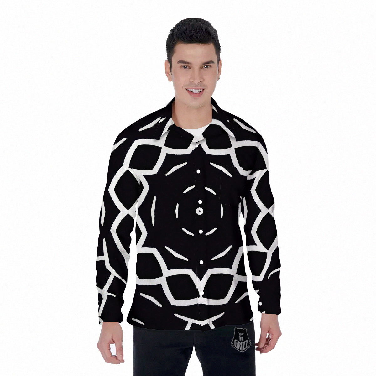 Kaleidoscope Black Print Men's Long Sleeve Shirts-grizzshop