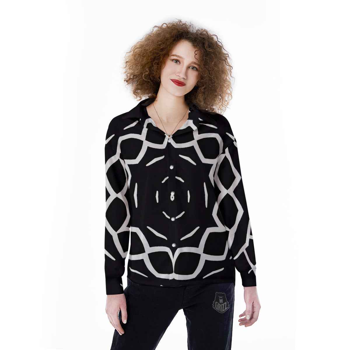Kaleidoscope Black Print Women's Long Sleeve Shirts-grizzshop
