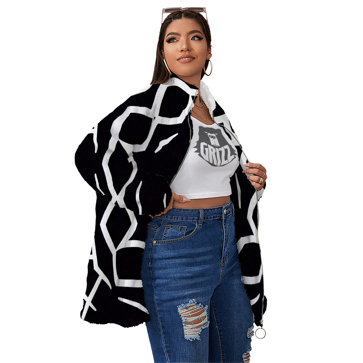 Kaleidoscope Black Print Women's Sherpa Jacket-grizzshop