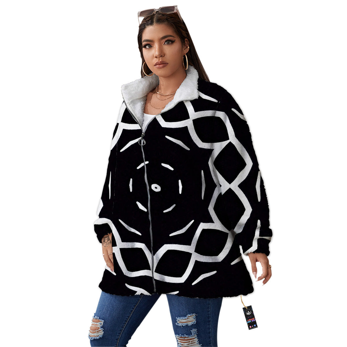 Kaleidoscope Black Print Women's Sherpa Jacket-grizzshop