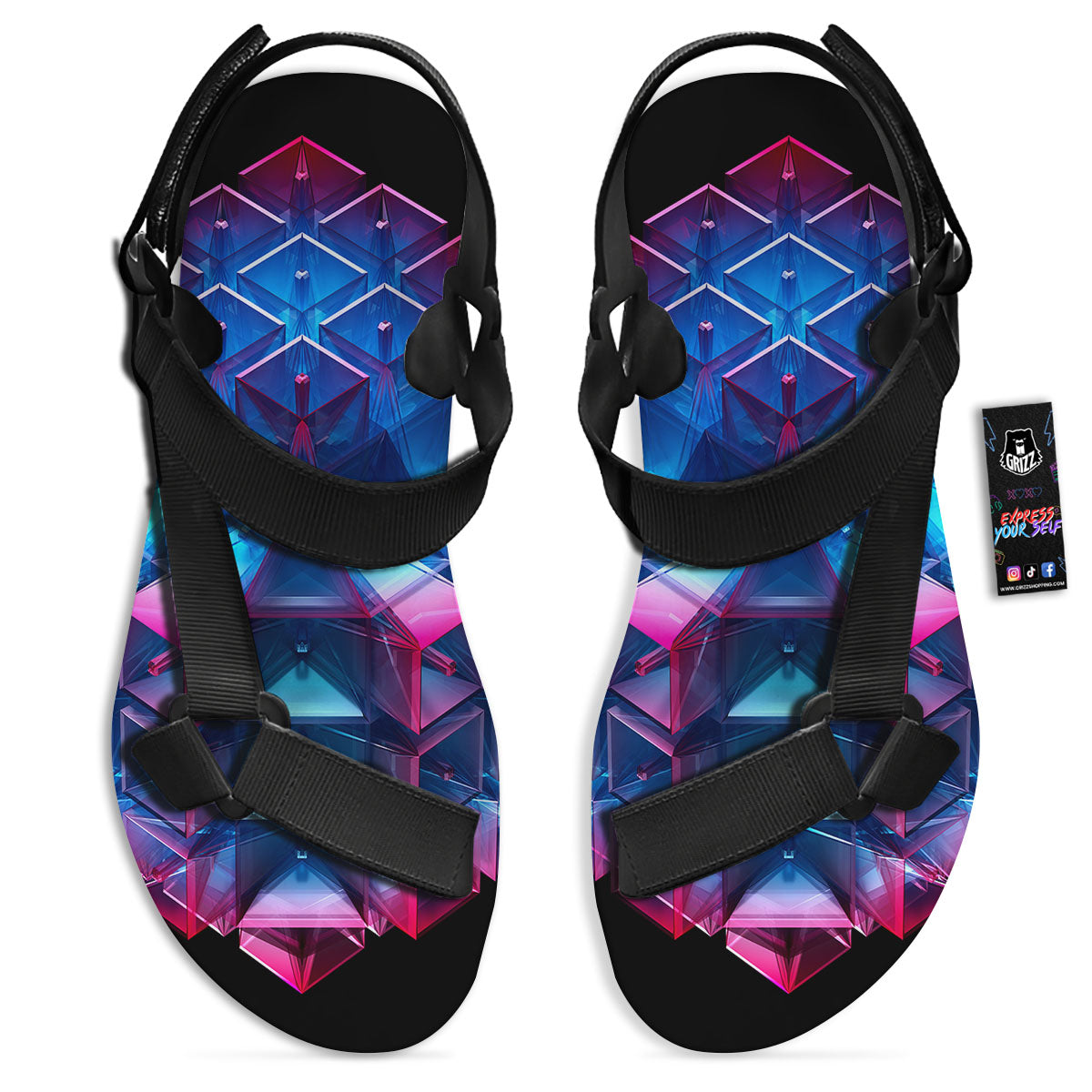 Kaleidoscope Blue And Purple Print Black Open Toe Sandals-grizzshop
