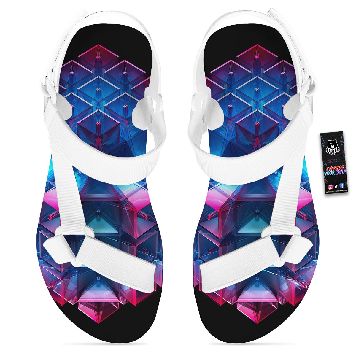 Kaleidoscope Blue And Purple Print White Open Toe Sandals-grizzshop