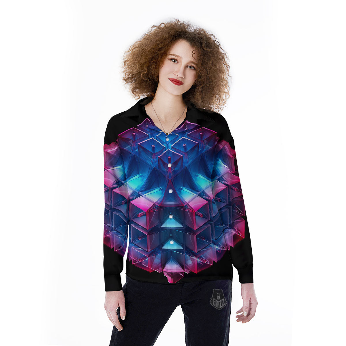 Kaleidoscope Blue And Purple Print Women's Long Sleeve Shirts-grizzshop