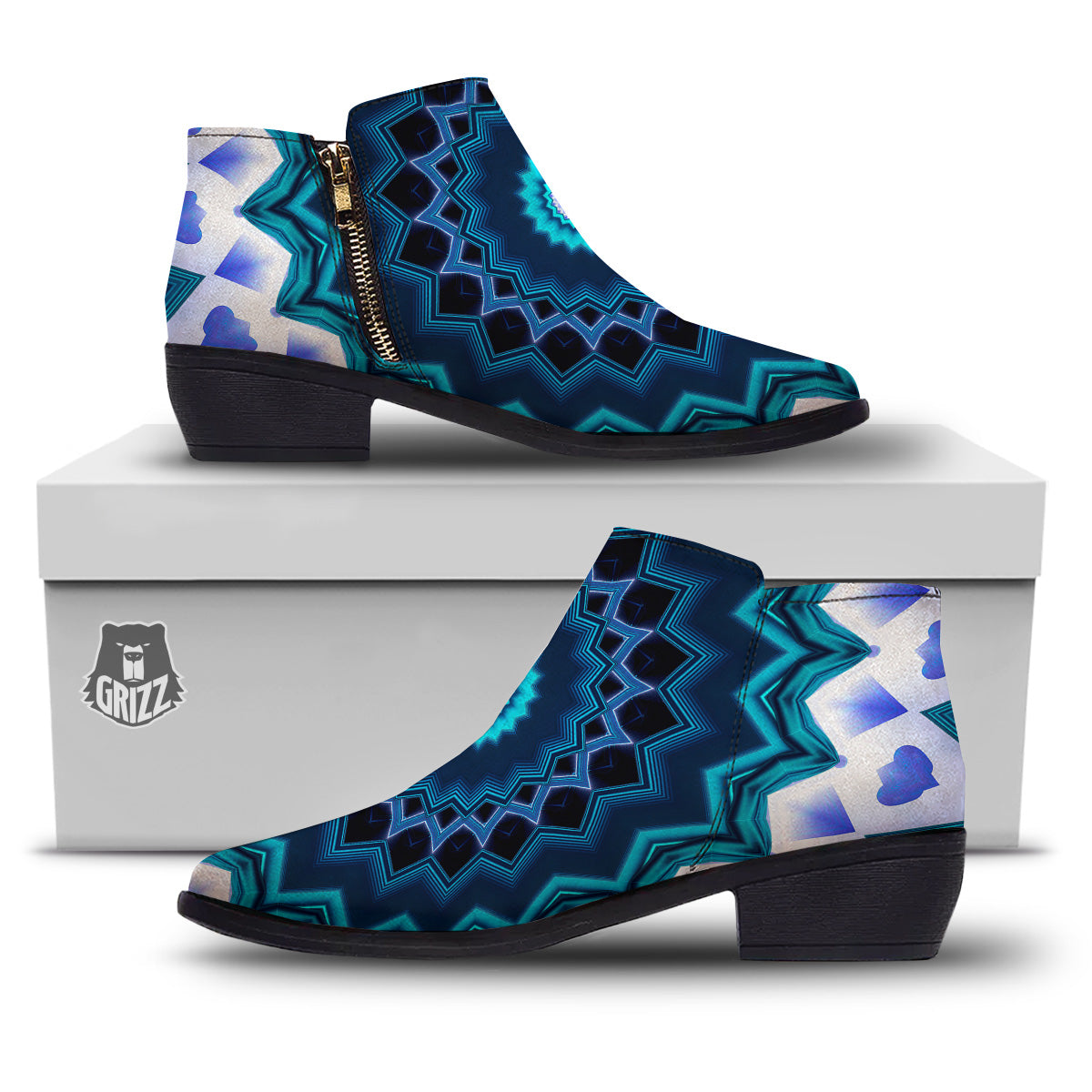 Kaleidoscope Blue Crystal Print Ankle Boots-grizzshop