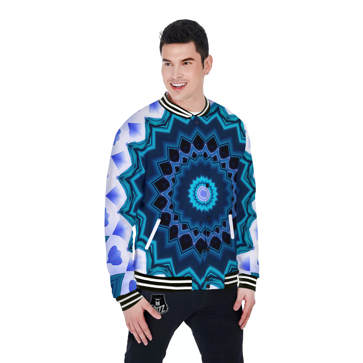 Kaleidoscope Blue Crystal Print Baseball Jacket-grizzshop
