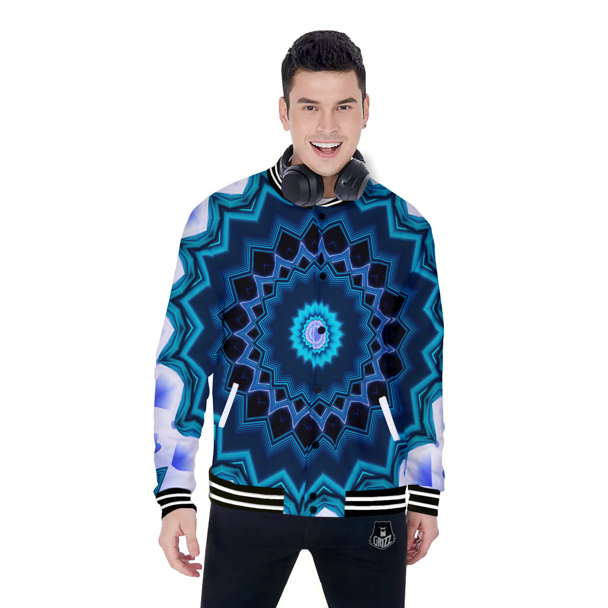 Kaleidoscope Blue Crystal Print Baseball Jacket-grizzshop