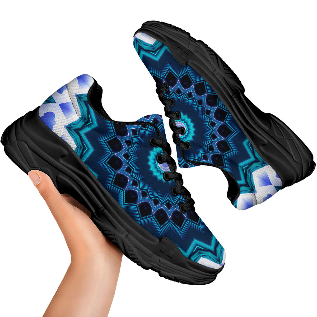 Kaleidoscope Blue Crystal Print Black Chunky Shoes-grizzshop
