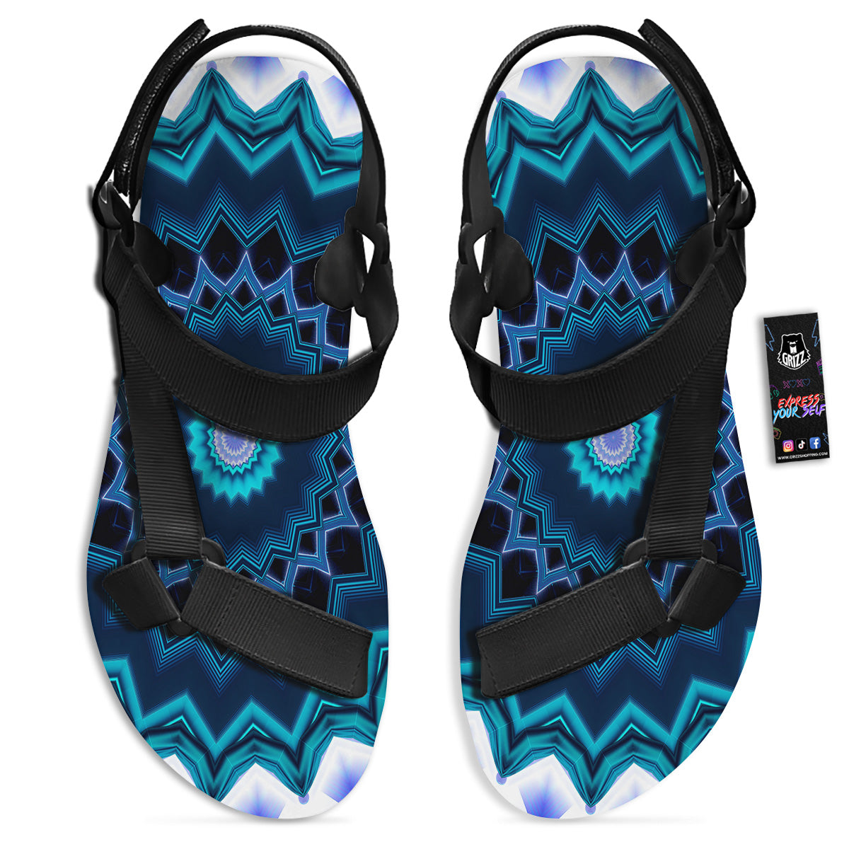Kaleidoscope Blue Crystal Print Black Open Toe Sandals-grizzshop