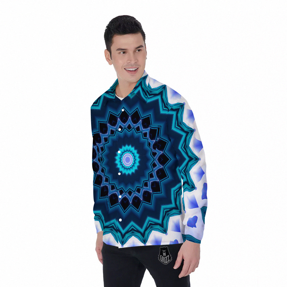 Kaleidoscope Blue Crystal Print Men's Long Sleeve Shirts-grizzshop