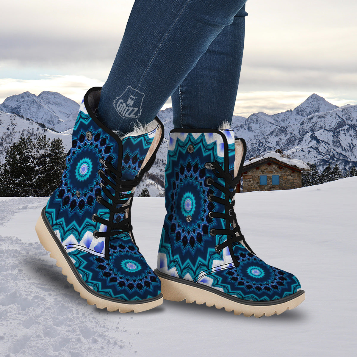 Kaleidoscope Blue Crystal Print Snow Boots-grizzshop