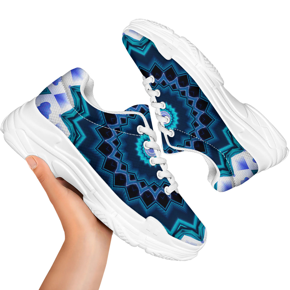 Kaleidoscope Blue Crystal Print White Chunky Shoes-grizzshop