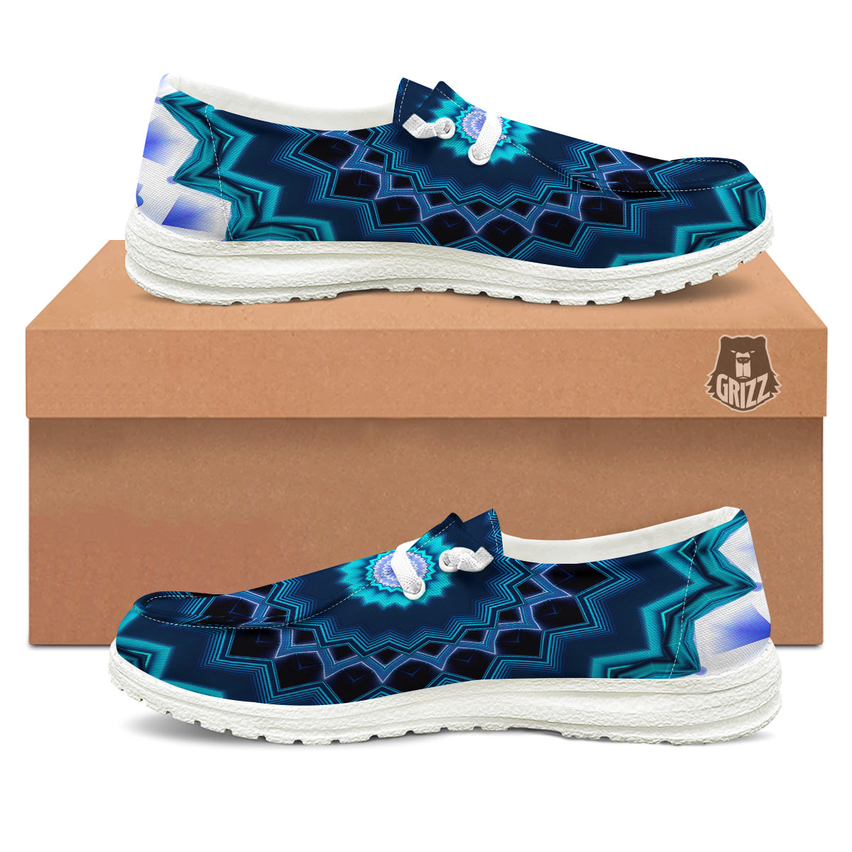 Kaleidoscope Blue Crystal Print White Loafers-grizzshop