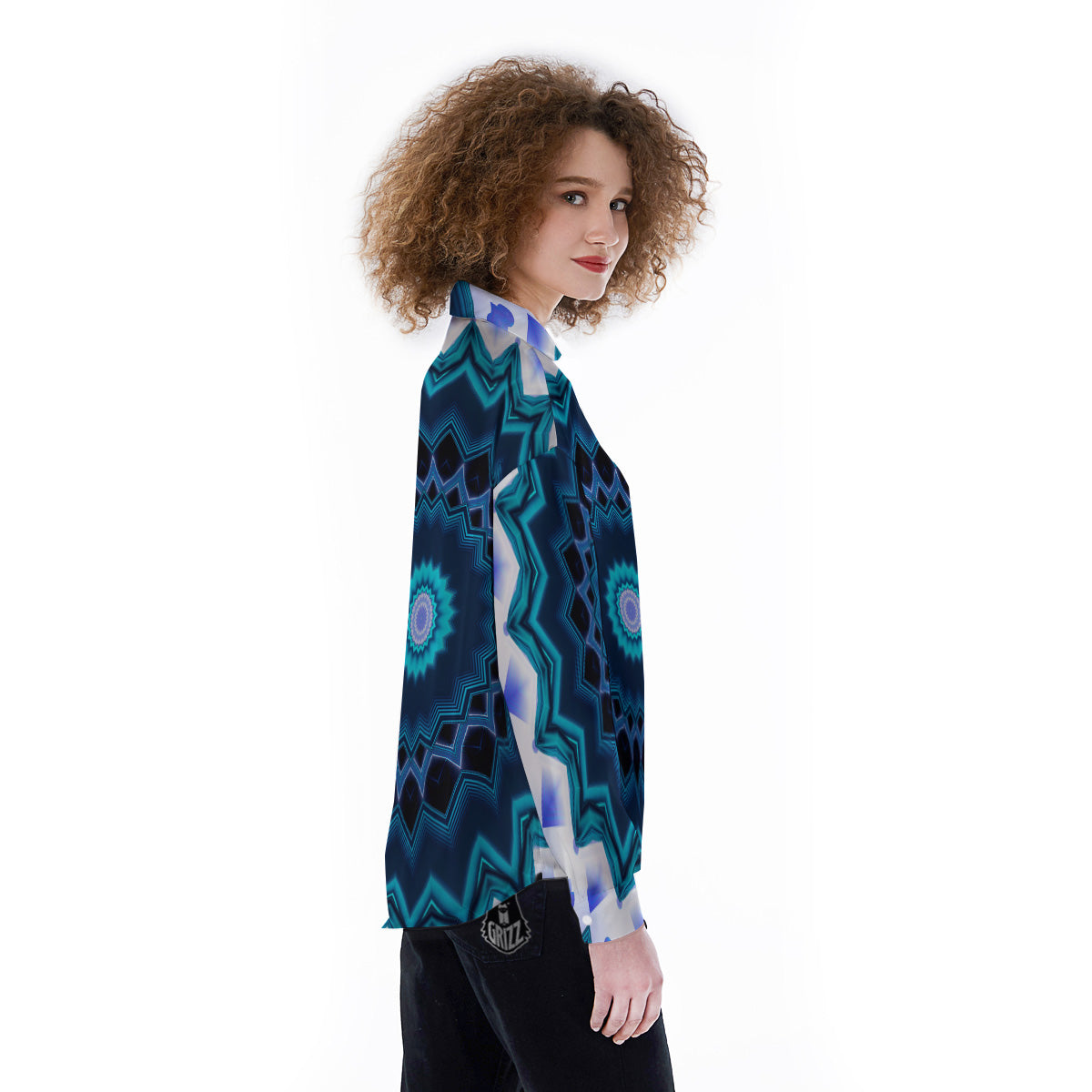 Kaleidoscope Blue Crystal Print Women's Long Sleeve Shirts-grizzshop