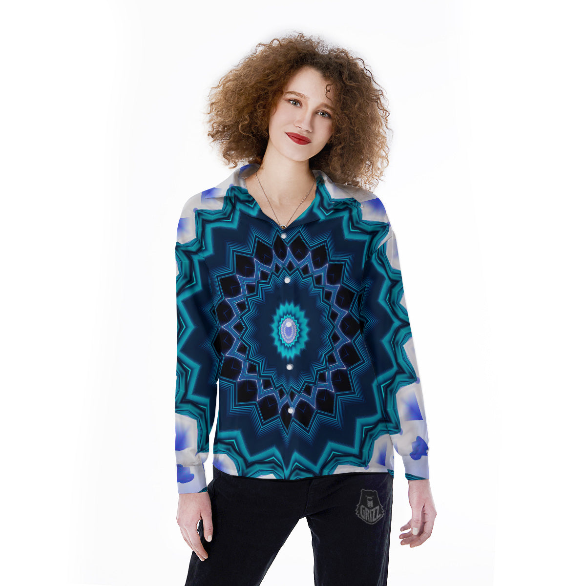 Kaleidoscope Blue Crystal Print Women's Long Sleeve Shirts-grizzshop