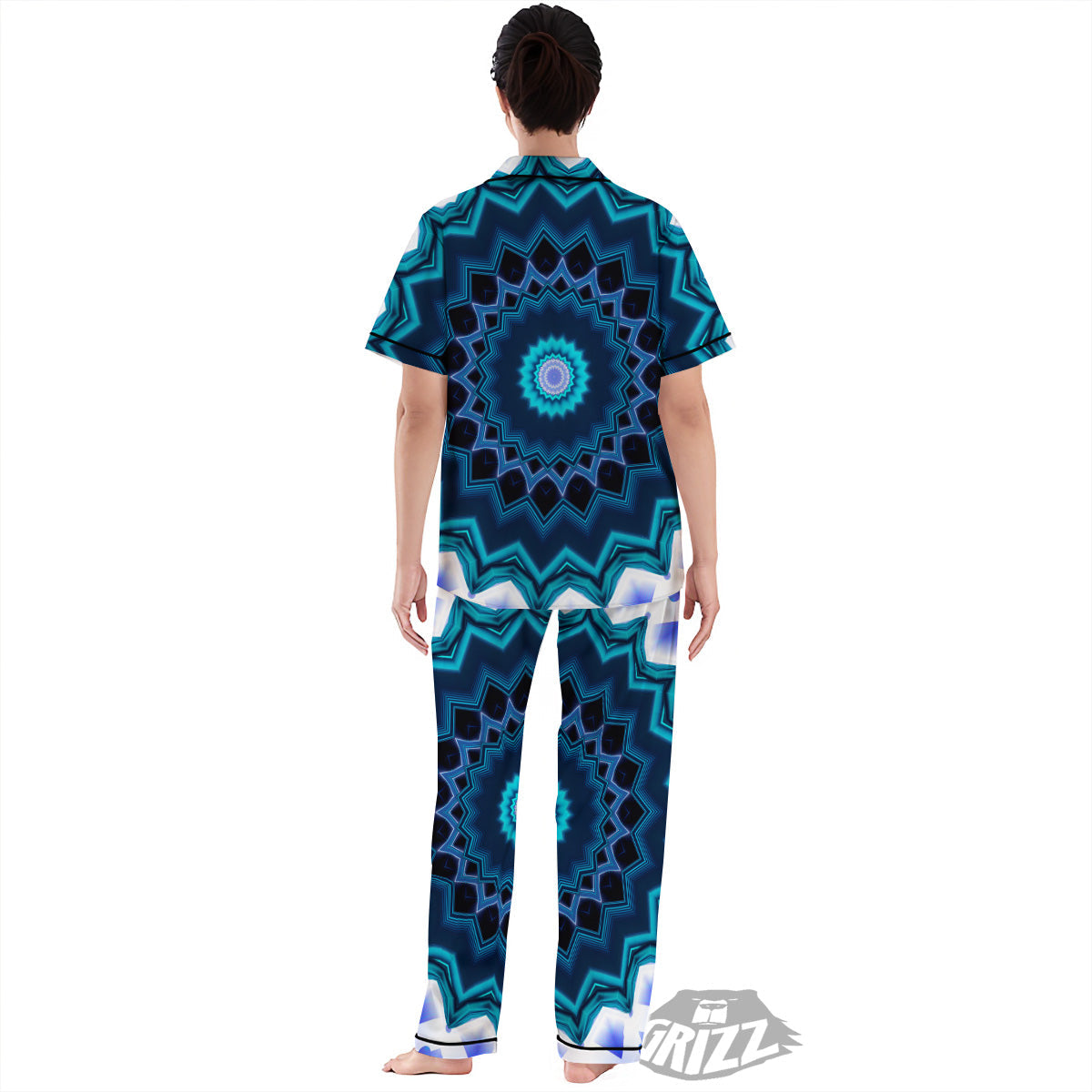 Kaleidoscope Blue Crystal Print Women's Pajamas Set-grizzshop