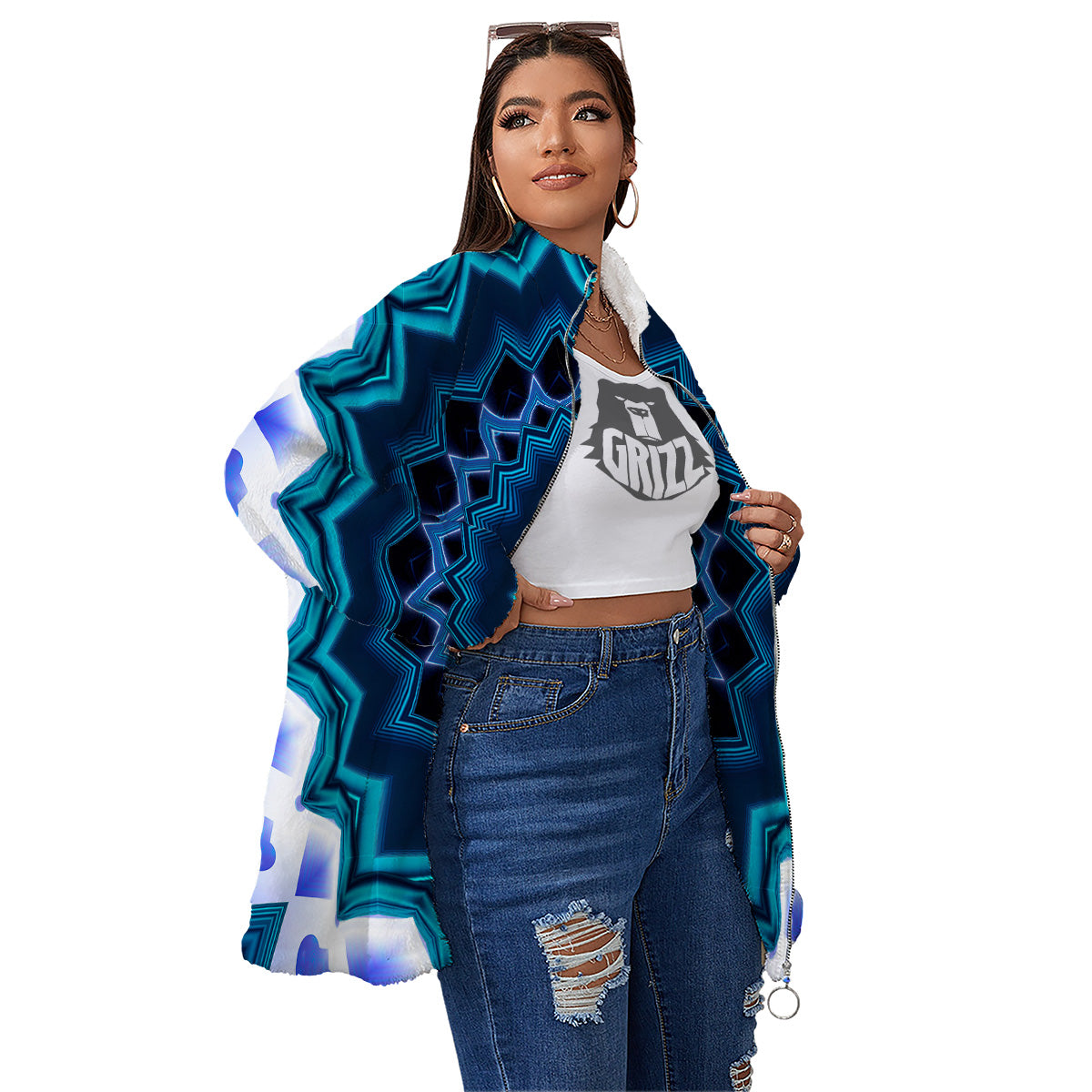 Kaleidoscope Blue Crystal Print Women's Sherpa Jacket-grizzshop