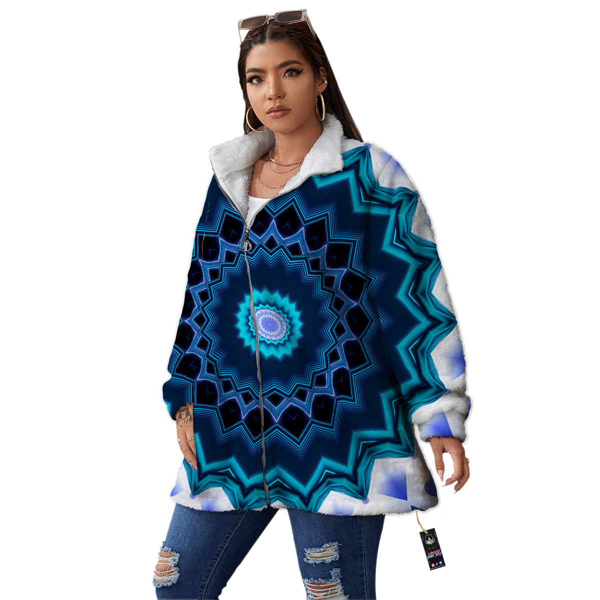 Kaleidoscope Blue Crystal Print Women's Sherpa Jacket-grizzshop