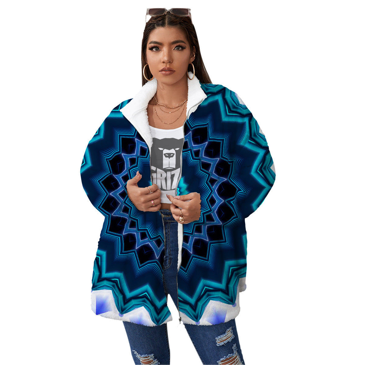 Kaleidoscope Blue Crystal Print Women's Sherpa Jacket-grizzshop